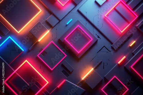 Create a seamless, 8K, retro-futuristic, circuit board pattern with glowing neon lights in pink, blue, and orange. The background should be dark gunmetal gray.