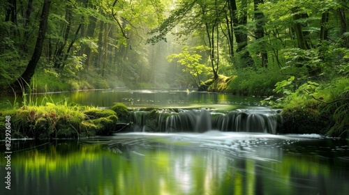 Peaceful stream in a beautiful forest, with the water reflecting the surrounding trees and greenery. A perfect blend of simplicity and natural beauty.