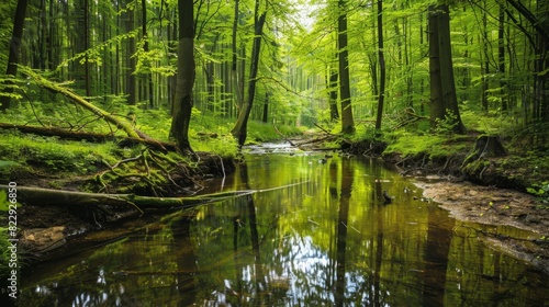 Peaceful stream in a beautiful forest  with the water reflecting the surrounding trees and greenery. A perfect blend of simplicity and natural beauty.