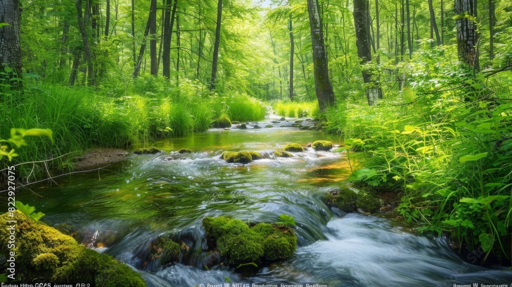 Serene forest stream with crystal-clear water and lush green surroundings, creating a beautiful and simple natural landscape. Serene forest stream with crystal-clear water and lush green surroundings, creating a beautiful and simple natural landscape.