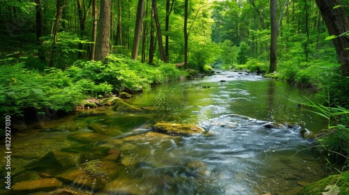 Serene forest stream with crystal-clear water and lush green surroundings, creating a beautiful and simple natural landscape.