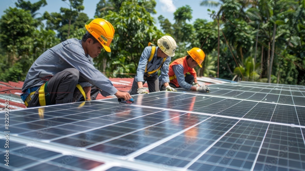 Team of Asian engineers connecting solar panels on an industrial facility Team of Asian engineers connecting solar panels on an industrial facility