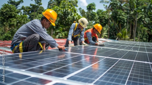 Team of Asian engineers connecting solar panels on an industrial facility