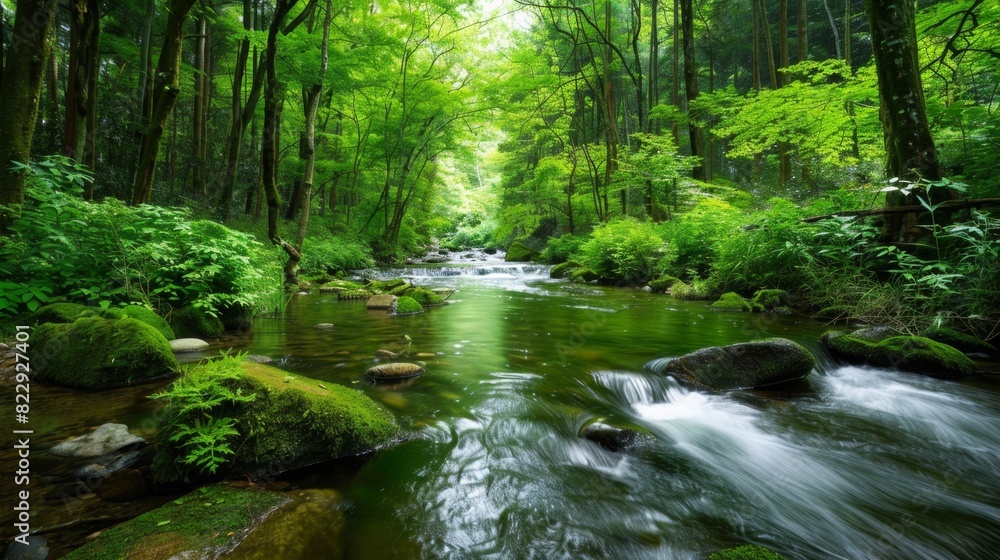 Tranquil forest stream with clear, flowing water and verdant surroundings, Tranquil forest stream with clear, flowing water and verdant surroundings,
