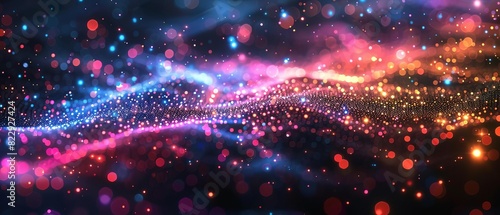 Create a 3D animation of a wave of glowing particles. The particles should be brightly colored and the animation should be seamless. The wave should appear to be flowing in space.