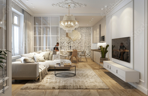 Retreat  Spacious Living Room with Contemporary Elegance  Featuring Luxurious Sofas and a Chic Decor. Created with Ai
