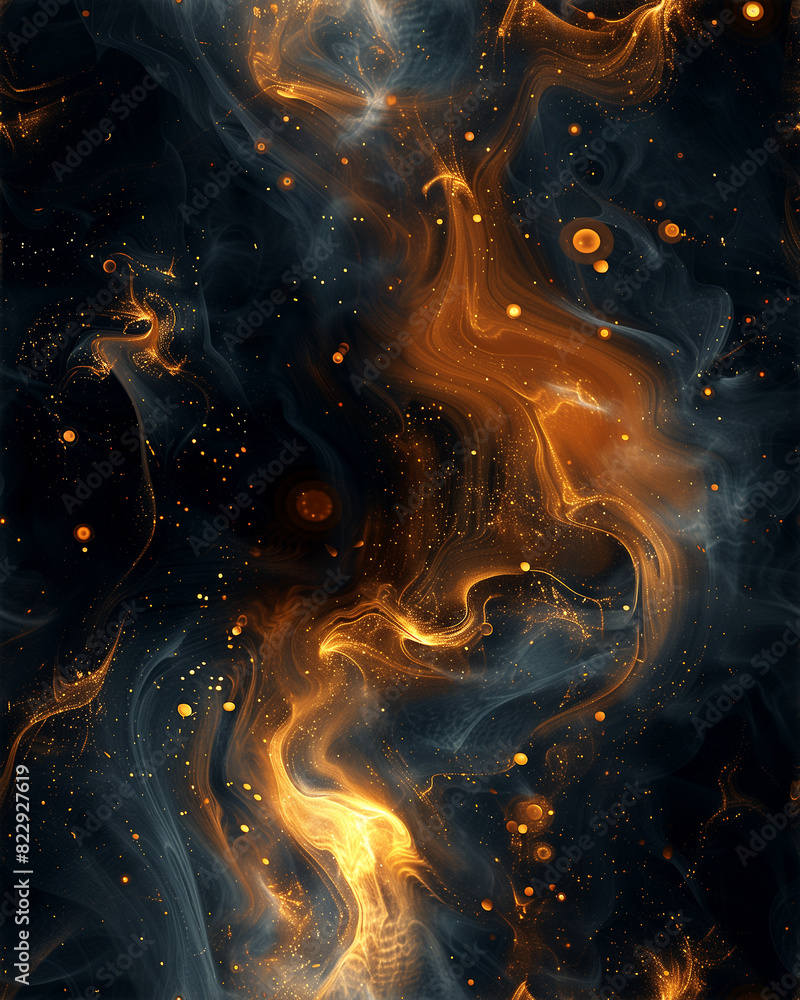 A black and orange swirl of smoke with many small glowing dots
