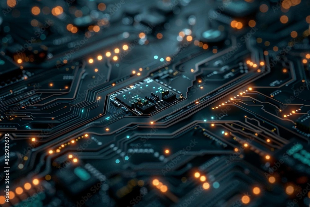 An illustration of a computer chip with glowing orange nodes and blue circuit lines. The chip is in focus and the background is blurred. An illustration of a computer chip with glowing orange nodes and blue circuit lines. The chip is in focus and the background is blurred.