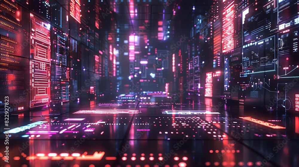 Digital holographic data interface, black backdrop, bright neon colors, futuristic and modern, ample space for text Digital holographic data interface, black backdrop, bright neon colors, futuristic and modern, ample space for text