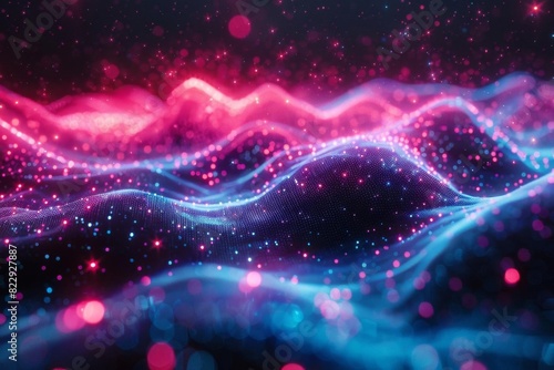 Create a seamless looping animation of a glowing blue and pink particle wave with a dark background. The wave should be gently undulating and the particles should be twinkling. photo