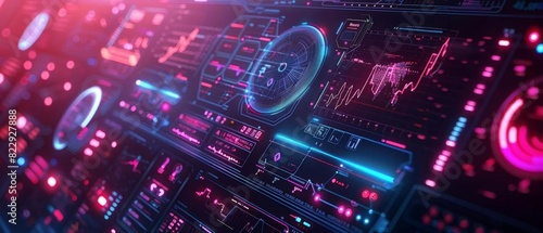 Futuristic dashboard with glowing pink and blue neon lights. photo