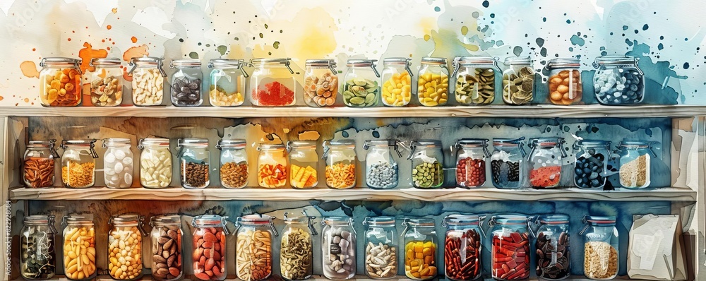 Artistic zero waste shop, bulk bins with dried fruits and seeds, abstract watercolor, vibrant palette, reusable jars and bags in foreground Artistic zero waste shop, bulk bins with dried fruits and seeds, abstract watercolor, vibrant palette, reusable jars and bags in foreground