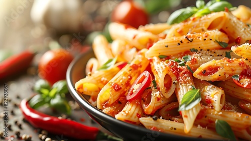 A delicious and authentic Italian pasta dish made with penne pasta, a rich tomato sauce, and fresh basil. photo