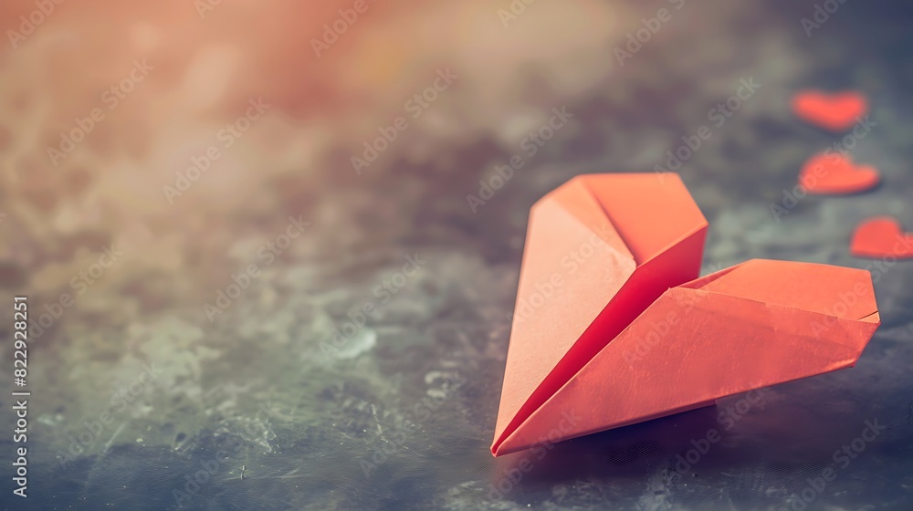 Romantic wedding travel red paper airplane on a heart paper shape