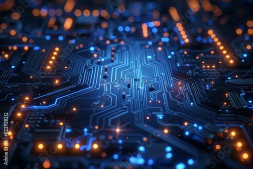 A close-up of a computer circuit board with orange lights. The circuit board is blue and the lights are orange.