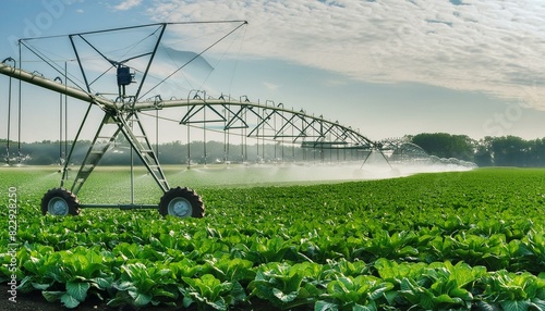 landscape with the river, field in the summer, irrigation system in the field, system in the field, Pond system and large farmland with center pivot irrigation water energy-efficient at rural Fairland