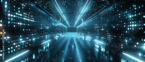 A futuristic sci-fi corridor with glowing blue lights and shiny reflective floor.