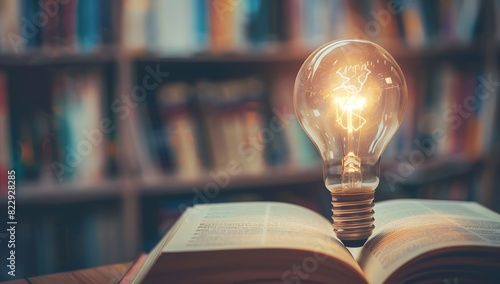 Open Book with Illuminated Light Bulb on Top