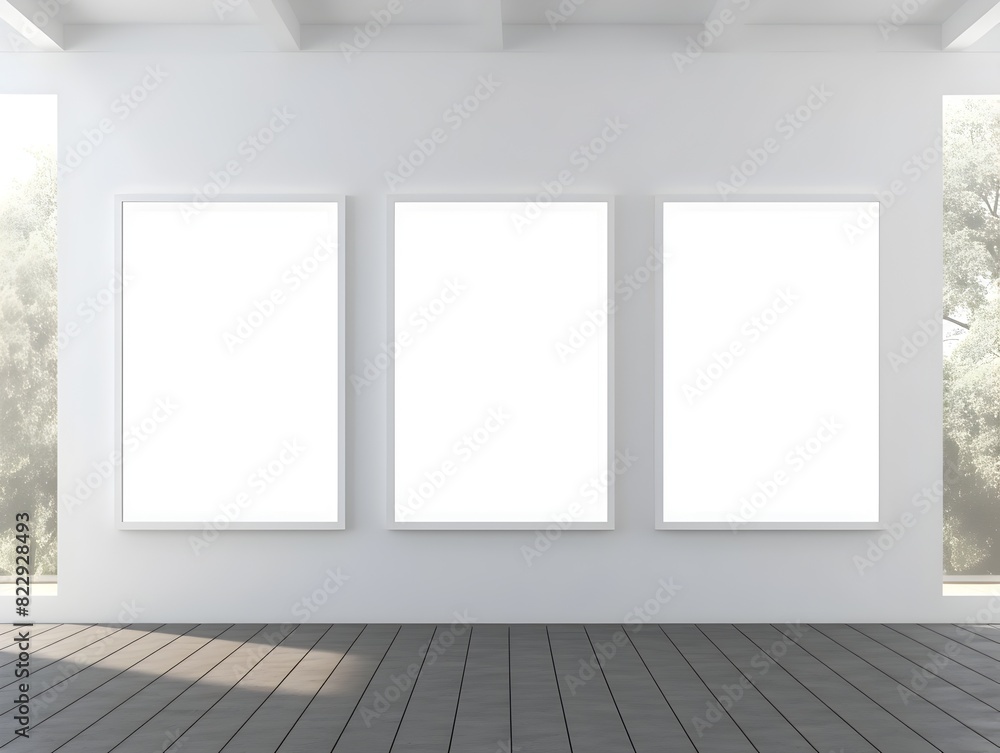 Tranquil Architectural Interior with Blank Frames Bathed in Natural Light Tranquil Architectural Interior with Blank Frames Bathed in Natural Light