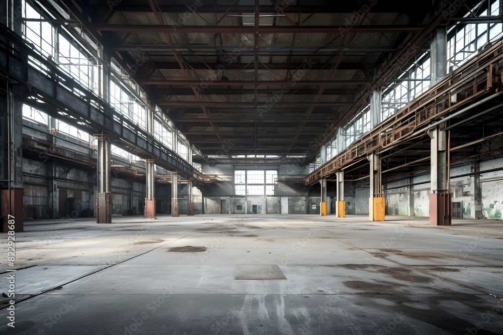 Vast and Abandoned Industrial Interior with Concrete Floors and Steel Beams Vast and Abandoned Industrial Interior with Concrete Floors and Steel Beams