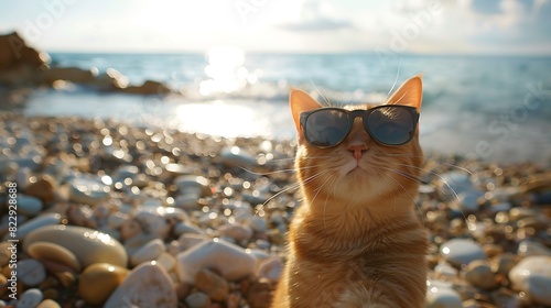 shorthair cat wearing sunglasses at beach © Emma