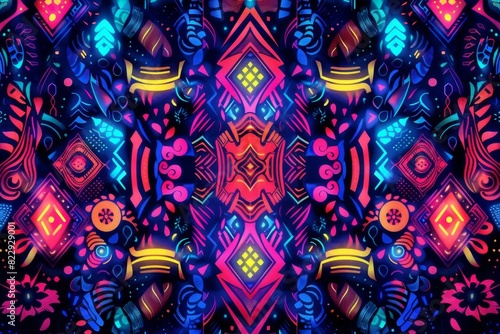 Create a seamless, symmetrical pattern with a psychedelic, tribal, and futuristic theme
