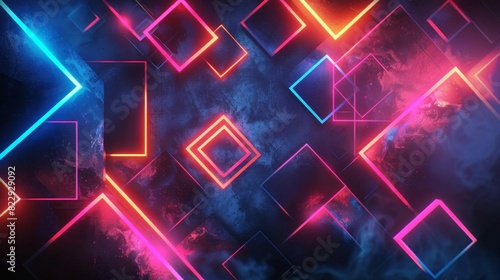 Create a seamless, 1920x1080 abstract background image featuring glowing neon geometric shapes in a dark void photo