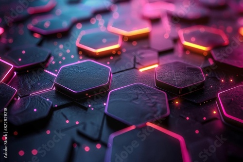 Hexagonal glowing background. Futuristic glowing surface with hexagons. Glowing pink and purple neon light. photo
