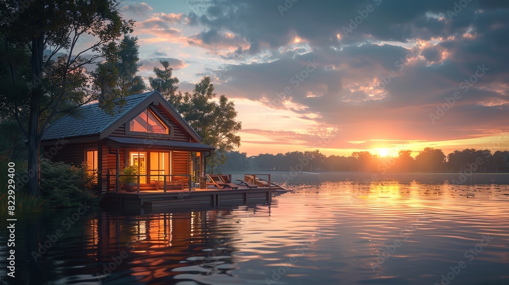Cottage by the lake at sunset