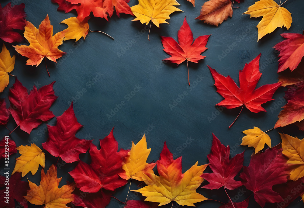 A collection of vibrant autumn leaves in red, yellow, and orange colors arranged in a border on a dark blue background. A collection of vibrant autumn leaves in red, yellow, and orange colors arranged in a border on a dark blue background.