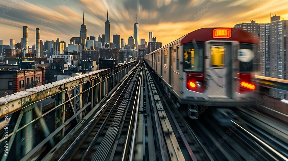 Naklejka premium Subway train moving over the railway bridge