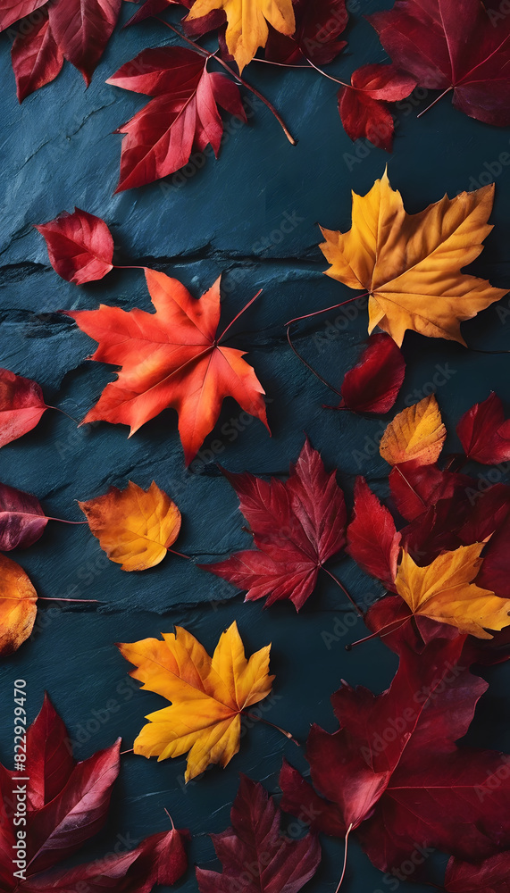 A collection of vibrant autumn leaves in shades of red, orange, and yellow scattered on a dark slate background. A collection of vibrant autumn leaves in shades of red, orange, and yellow scattered on a dark slate background.