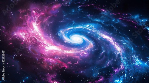 Explore the infinite beauty of the cosmos with this stunning spiral galaxy, ablaze with vibrant hues of pink, blue, and purple photo