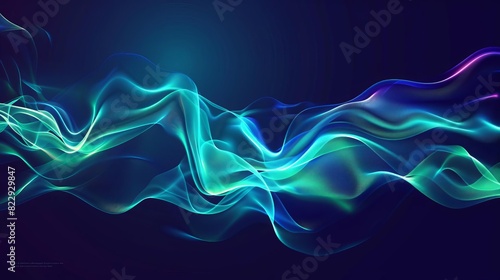 Create a 3D rendering of a glowing blue and green abstract shape. The shape should appear to be floating in a dark blue void.