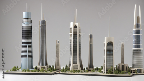  a model of a modern city with several skyscrapers and other buildings.