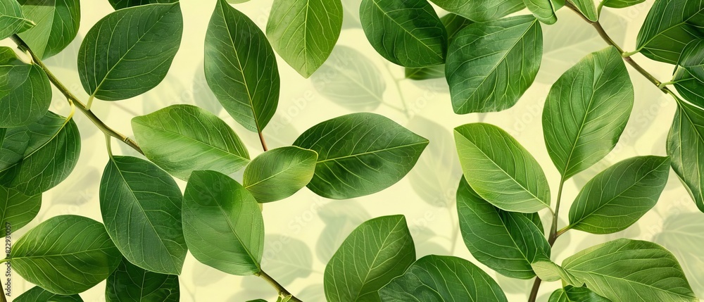 A seamless pattern of green leaves on a light yellow background. A seamless pattern of green leaves on a light yellow background.