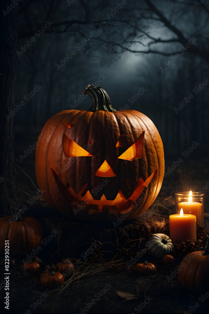Fototapeta premium Halloween glowing pumpkins, dark and moody black theme, creepy and macabre halloween scary pumpkin