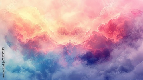 An ethereal dreamscape of swirling clouds, painted in hues of pink, blue, and purple. Soft light filters through the mist, creating an atmosphere of serenity and wonder.