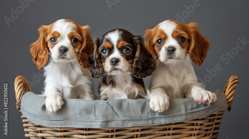Three Cavalier King Charles Spaniel puppy standing in basket on gray background