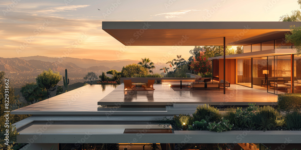Fototapeta premium Sleek modern terrace with a fireplace and a rooftop view of a sunset cityscape in a luxurious setting.