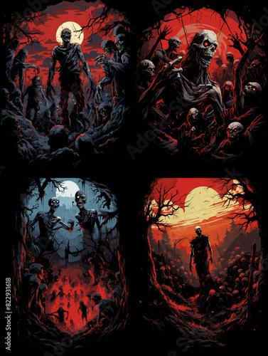 Terrifying zombie-themed illustrations with eerie landscapes, red skies, and haunting undead figures, ideal for horror, fantasy, or thriller design projects