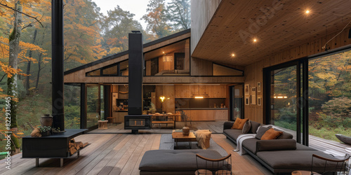 Modern interior of a forest home with expansive glass walls blending indoor and outdoor spaces.