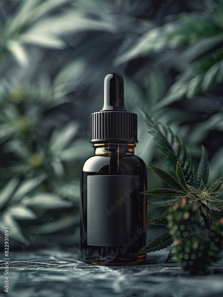 Sleek dropper bottle of CBD oil surrounded by cannabis leaves and buds, with a moody vibe. Sleek dropper bottle of CBD oil surrounded by cannabis leaves and buds, with a moody vibe.