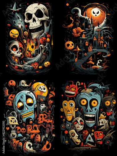 Vibrant and spooky Halloween-themed illustrations featuring skulls, pumpkins, haunted houses, and eerie masks, ideal for horror, fantasy, or festive design projects.