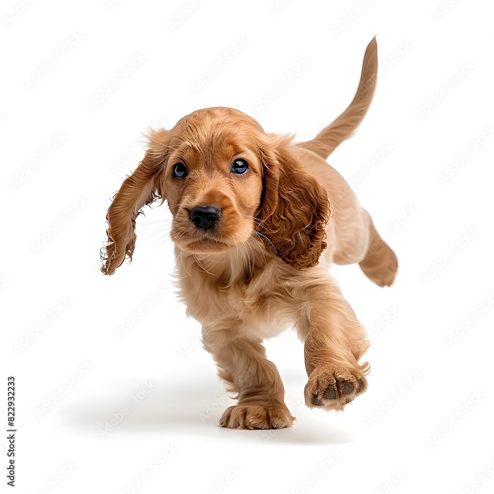 Energetic Cocker Spaniel Puppy Playfully Chasing Its Own Tail on White Background