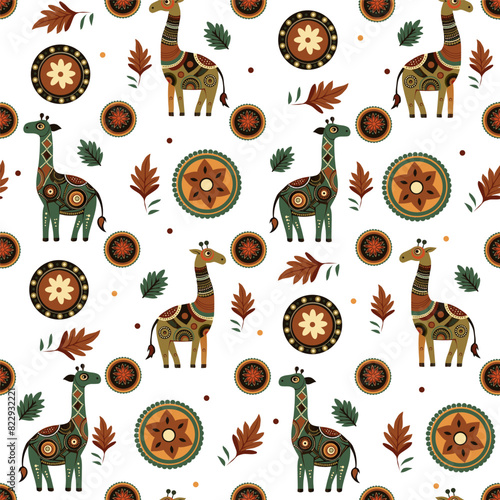 a pattern consisting of giraffes decorated with bright African patterns on a white background surrounded by leaves and colored balls.