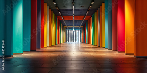 a colorful hallway with a glossy floor and rainbow-colored columns The light at the end of the tunnel creates a sense of hope and optimism