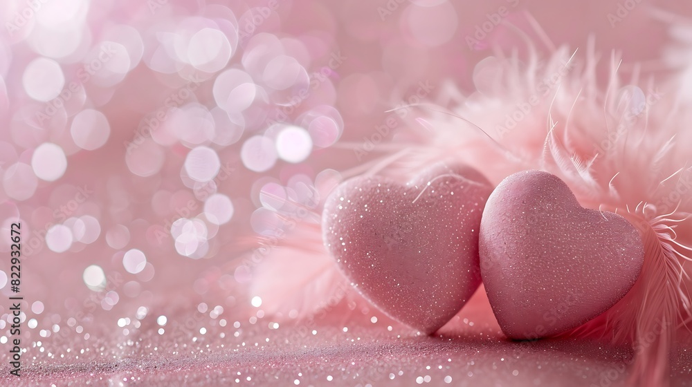 Fototapeta premium two pink hearts on a light pink glitter background with light pink feathers