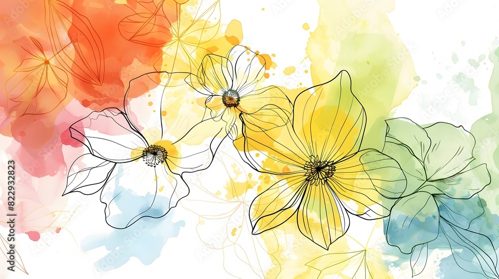 Fototapeta premium Abstract art background vector. Luxury minimal style wallpaper with golden line art flower and botanical leaves, Organic shapes, Watercolor. Vector background for banner, poster, Web and packaging.
