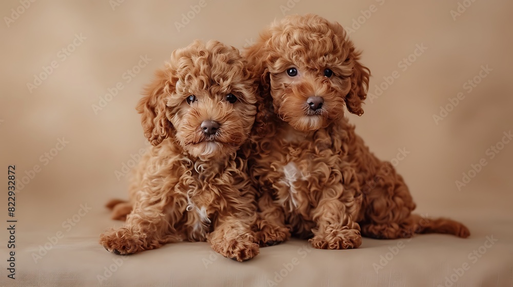 two red maltipoo on a beige background curly dogs two red maltipoo on a beige background curly dogs